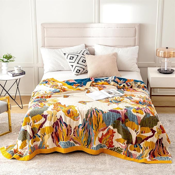MSGKV Boho Throw Blanket for Couch 100% Cotton Throw Floral Bed Blanket 80''x90'',Cotton Quilts Travel Knitted Muslin Blanket Home Decor Cozy Blankets for Women