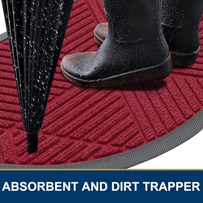 Smiry Half Circle Front Door Mat Outside Entrance, Heavy Duty Sturdy Natural Rubber Doormat, Trap Dirt and Moisture, Low Profile Mats for Indoor Outdoor Entry, Irregular Triangle (47x32, Wine Red)