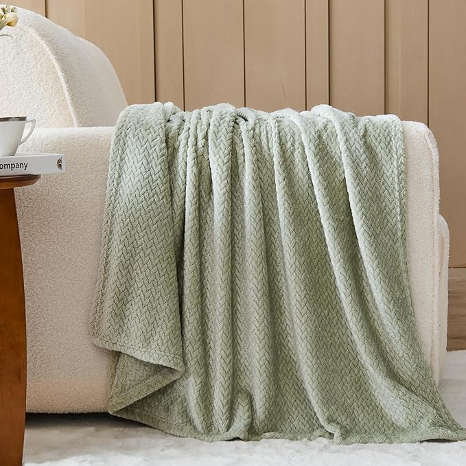 NEWCOSPLAY Super Soft Throw Blanket Sage Green Premium Silky Flannel Fleece Leaves Pattern Lightweight Bed Blanket All Season Use (Sage Green, Throw(50"x60"))