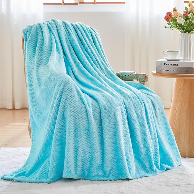 NEWCOSPLAY Super Soft Queen Blanket Turquoise Premium Silky Flannel Fleece Leaves Pattern Lightweight Bed Blanket All Season Use (Turquoise, Queen(90"x90"))