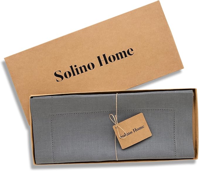 Solino Home Linen Steel Gray Hemstitch Table Runner 48 Inches - 100% Pure Linen Small Table Runner 14 x 48 Inch Ideal for Dresser and Coffee Tables - Classic Hemstitch