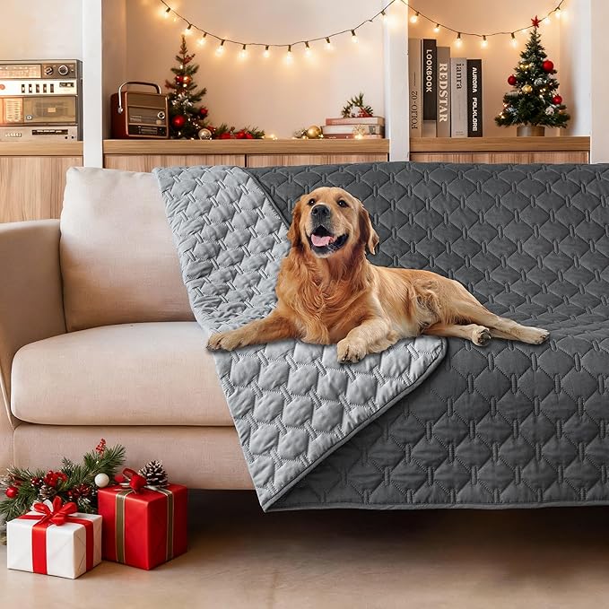 gogobunny 3X Stronger Waterproof Pet Blanket, Scratch Proof Furniture Protector for Dogs Cats, Reversible Cover 52x82 Inch, Dark Grey/Light Grey