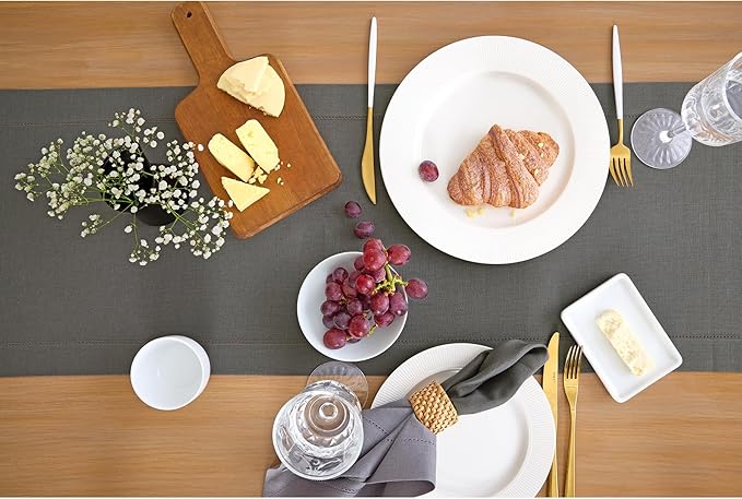 Solino Home Linen Steel Gray Hemstitch Table Runner 48 Inches - 100% Pure Linen Small Table Runner 14 x 48 Inch Ideal for Dresser and Coffee Tables - Classic Hemstitch