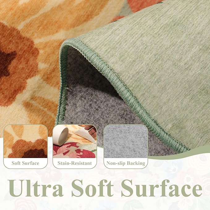 DUKINO 5x7 Area Rug, Floral Washable Rugs for Living Room with Non Slip Backing & Non-Shedding, Lightwight Low Pile Boho Design Large Carpets for Bedroom, Living Room, Dining Room, Green