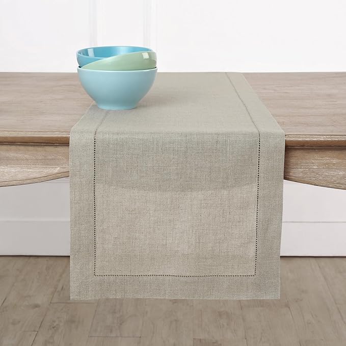 Solino Home Linen Natural Table Runner 108 Inches Long - 100% Pure Linen 14 x 108 Inch Table Runner for Christmas, New Year - Classic Hemstitch