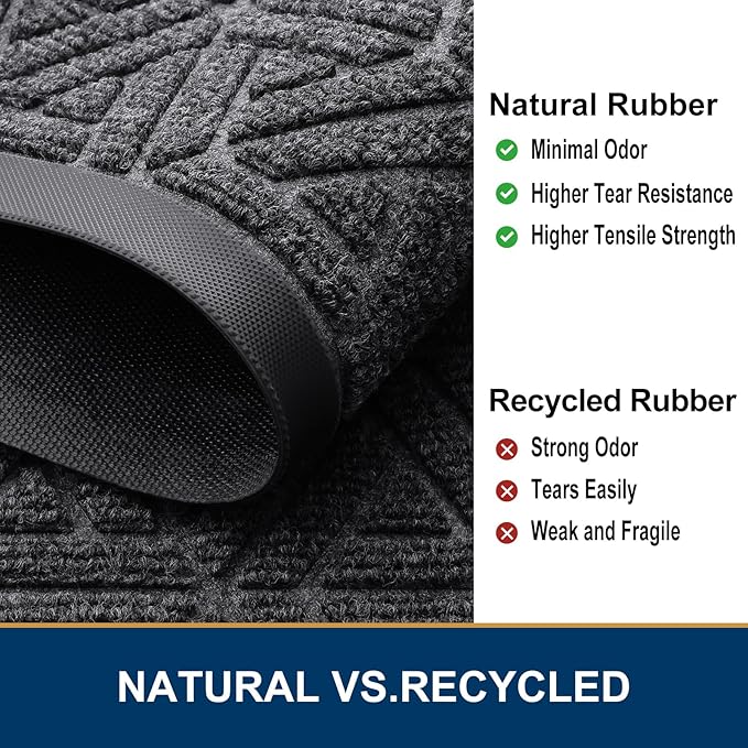 Smiry Front Door Mat Outside Entrance, Heavy Duty Sturdy Natural Rubber Doormat, Trap Dirt and Moisture, Easy Clean Low Profile Mats for Indoor Outdoor Entry, Grid Geometric (59x35, Grey)