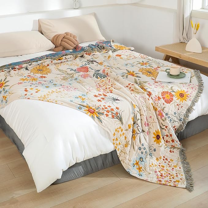 MSGKV Boho Throw Blanket for Couch Chair 100% Cotton Floral Blanket 50"x60" Sofa Blankets Lightweight Farmhouse Muslin Breathable Bed Blankets Home Decor All Seasons