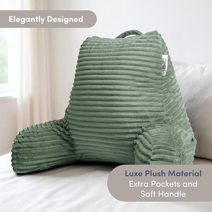 Nestl Reading Pillow with Shredded Memory Foam, Luxe Cut Plush Back Pillow for Sitting Up in Bed, Back and Arms Adjustable Support for Adult & Teens, Backrest Pillows with Washable Cover Sage Green