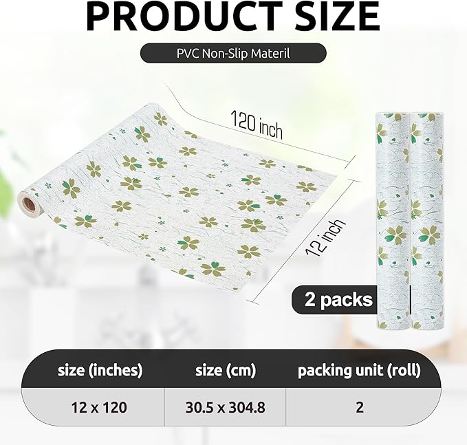 RAY STAR 12X120 Inch Shelf Liner for Kitchen Cabinets, Non-Adhesive Cabinet Liner Washable, PVC Drawer Liner for Dresser Non-Slip Bathroom (Green-Floral)(2 Roll)