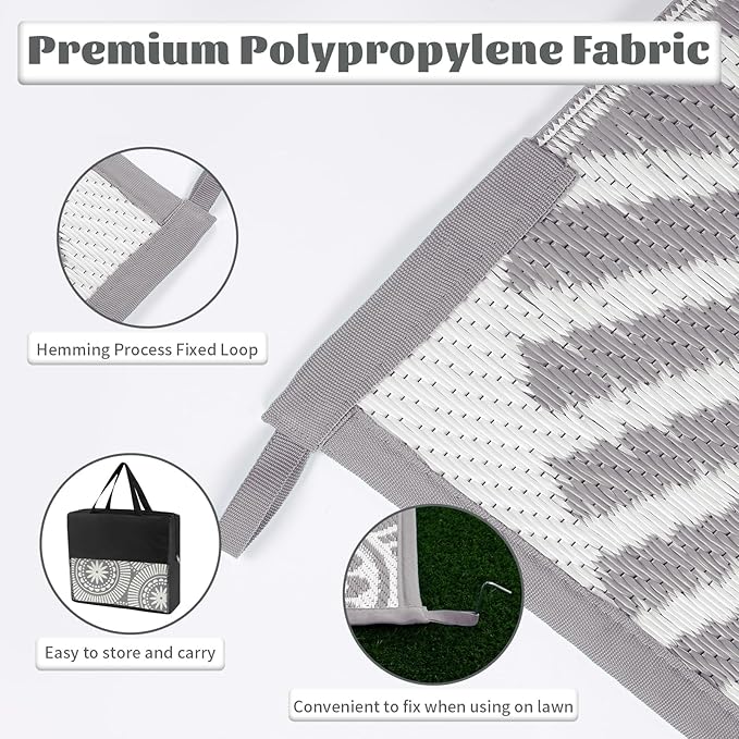 Ileading Reversible Plastic Outdoor Rug Modern Geometric Style Patio Straw Mat Waterproof Deck Carpets Non Shedding Portable Area Rugs for RV Beach Backyard Outside Pool Picnic Camping(6'x9'Grey)