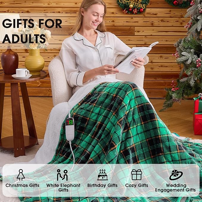 Heated Electric Blanket Queen Size, 84X90 Christmas Blanket With Dual Control&10 Heats Levels&Timer For Bed,Green Plaid Sherpa Heating Blankets Queen Warmer Gift for Grandma Women Adults, Washable
