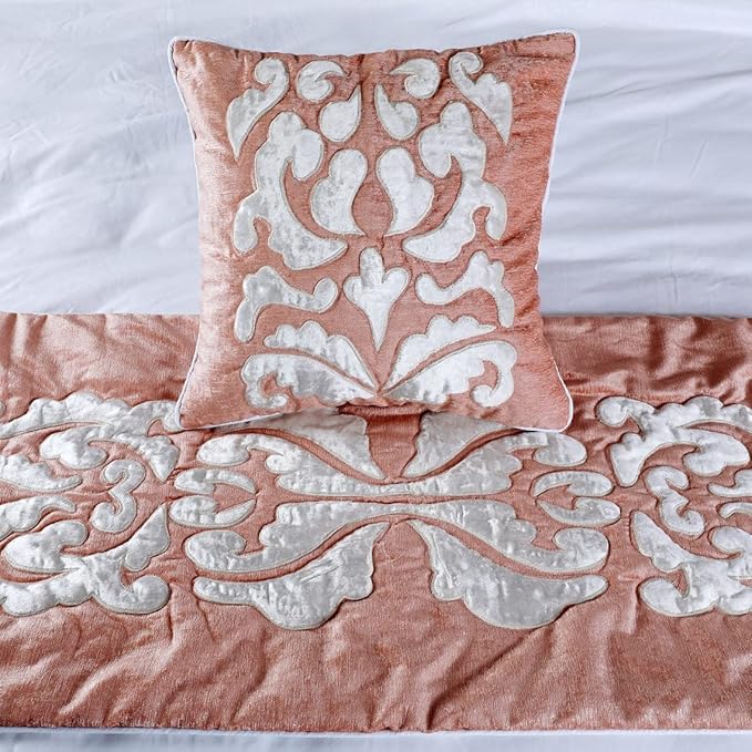 The HomeCentric Decorative Peach & Ivory King 90 x 18 inch Bed Runner with Pillow Cover, Velvet Applique Bed Scarf, Abstract Modern - Peach Elegance