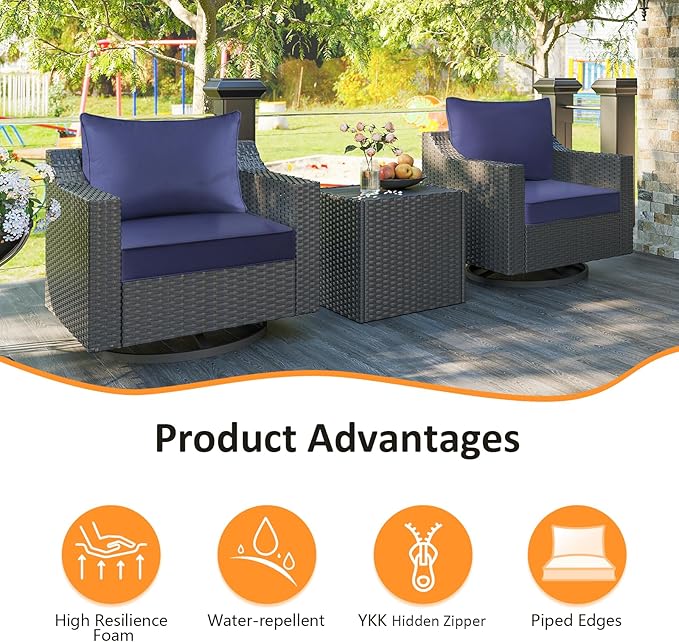 Outdoor Patio Chair Cushions Set, 22" x 22", Set of 2, Water-Repellent, Fade Resistant, Deep Seat Bottom and Back Cushion for Backyard, Couch, Sofa and Patio Furniture, Navy