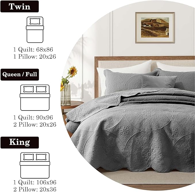 IR Imperial Rooms King Quilt Bedding Set Size (106" x 96") + 2 Pillow Shams (20" x 36"+ 2") - 3 Pcs All Season Lightweight Reversible Microfiber Coverlet Floral Embossed Quilt Bedspread (Grey)