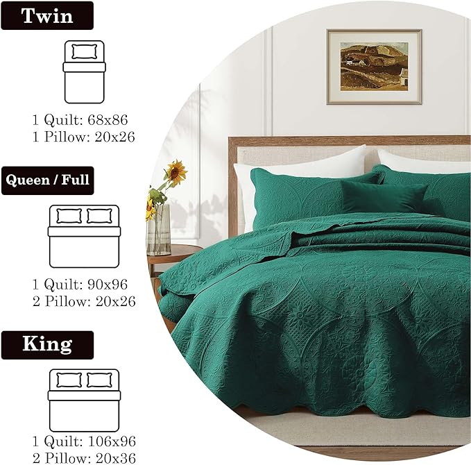 IR Imperial Rooms Twin Quilt Bedding Set Size (68” x 86”) + 1 Pillow Shams (20” x 26” + 2”) - 2 Pcs All Season Lightweight Reversible Microfiber Coverlet Floral Embossed Quilt Bedspread (Emerald)