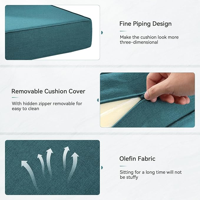 Luxury 6" Outdoor Cushions for Patio Furniture, 24x24x6" Thick Seat Cushion Set of 3, Fade Resistant Couch Chair Replacement Cushions High Density Deep Wicker Chair Cushion w/ Removable Cover, Green