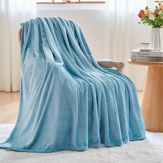 NEWCOSPLAY Super Soft Twin Blanket Light Blue Premium Silky Flannel Fleece Leaves Pattern Lightweight Bed Blanket All Season Use (Light Blue, Twin(60"x80"))