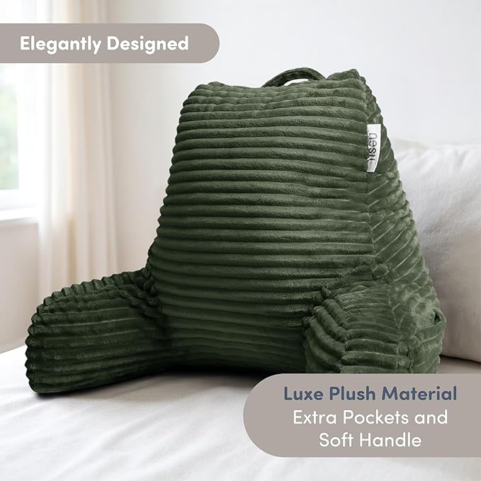 Nestl Reading Pillow with Shredded Memory Foam, Luxe Cut Plush Back Pillow for Sitting Up in Bed, Back and Arms Adjustable Support for Adult & Teens, Backrest Pillows with Washable Cover Olive Green