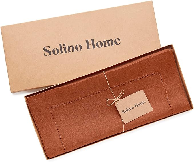 Solino Home Linen Hemstitch Table Runner 36 Inches - 100% Pure Linen Cinnamon Table Runner 14 x 36 Inch Ideal for Dresser and Coffee Tables - Classic Hemstitch - Fall, Autumn, Halloween, Thanksgiving