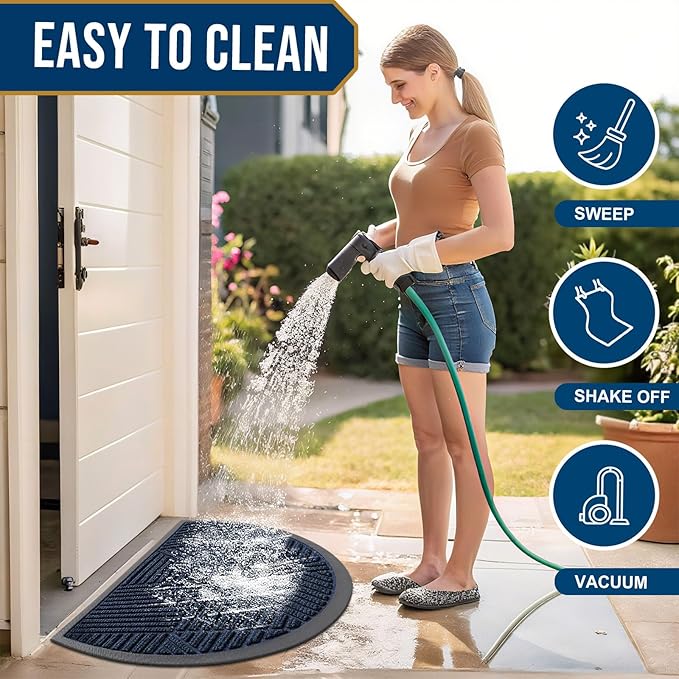 Smiry Half Circle Front Door Mat Outside Entrance, Heavy Duty Sturdy Natural Rubber Doormat, Trap Dirt and Moisture, Low Profile Mats for Indoor Outdoor Entry, Irregular Triangle (36x24, Navy Blue)