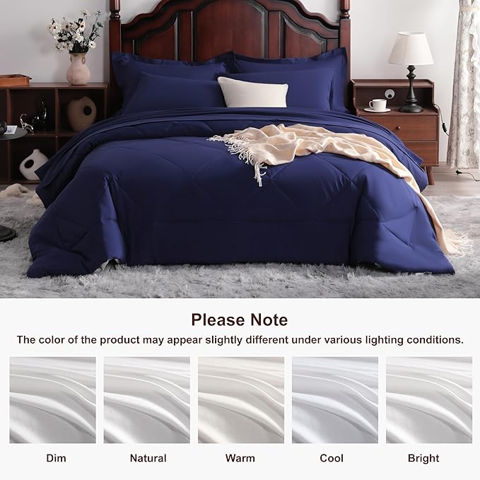 NTBAY King Comforter Set with Sheets, 7 Pieces Soft and Breathable King Bedding Set, Bed in a Bag, Down Alternative Comforter Set Solid Color All Season, Navy Blue