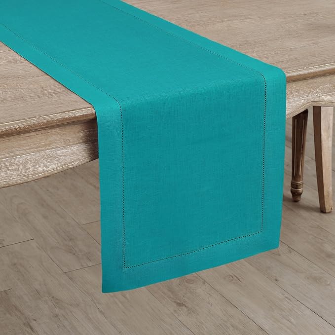 Solino Home Linen Teal Table Runner 72 Inches Long - 100% Pure Linen Hemstitch Table Runner 14 x 72 Inch for Dresser, Dining, Christmas, New Year - Classic Hemstitch