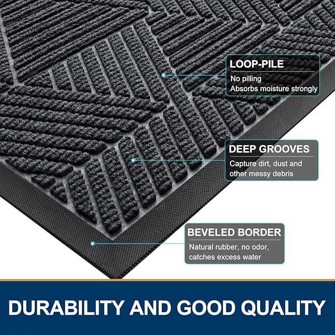 Smiry Half Circle Front Door Mat Outside Entrance, Heavy Duty Sturdy Natural Rubber Doormat, Trap Dirt and Moisture, Low Profile Mats for Indoor Outdoor Entry, Irregular Triangle (36x24, Grey)