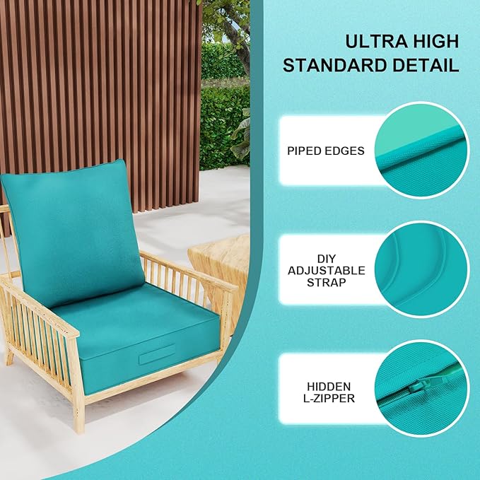Outdoor Olefin Water-Resistant Deep Seat Cushion Set, 2PCS Weather and Fade Resistant 23''x 26''x 6'' Patio Furniture Seat Cushion, Thickened Sofa Chair Pad for Lawn, Garden, Turquoise