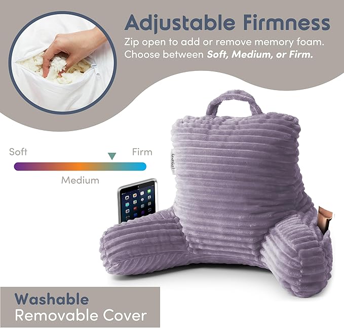 Nestl Reading Pillow for Kids & Teens with Shredded Memory Foam, Luxe Cut Plush Backrest Pillows for Reading and Gaming, for use on Couch or Bed, Adjustable Support with Washable Cover Dusty Purple