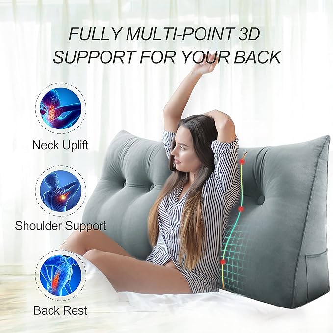 Wedge Headboard Pillow Dorm Room Reading Pillow Back Support for Sitting Up in Bed Bolster Lumbar Cushion Body Pillow Positioning Bedrest Velvet 39in Light Gray Twin