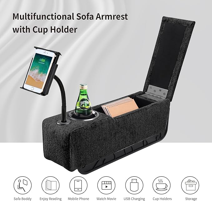 Multifunctional Sofa Armrest, Couch Armrest with Wireless Charge Stand, Removable Couch Caddy with Storage,Including LED Reading Light, Midnight