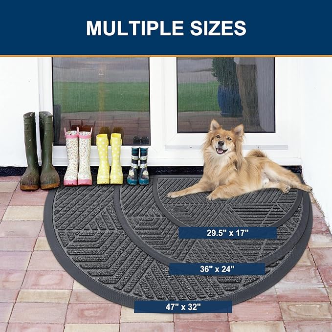 Smiry Half Circle Front Door Mat Outside Entrance, Heavy Duty Sturdy Natural Rubber Doormat, Trap Dirt and Moisture, Low Profile Mats for Indoor Outdoor Entry, Irregular Triangle (36x24, Grey)