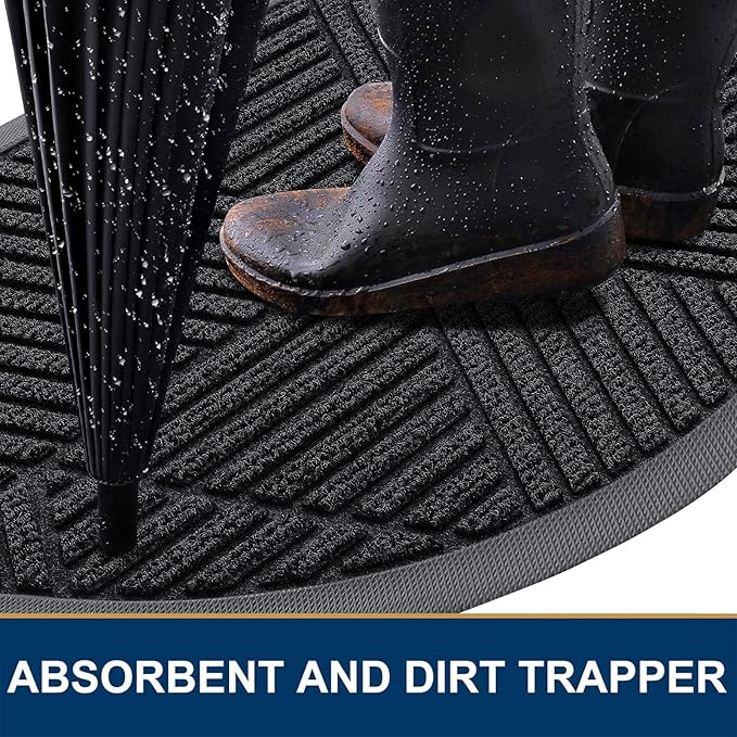 Smiry Half Circle Front Door Mat Outside Entrance, Heavy Duty Sturdy Natural Rubber Doormat, Trap Dirt and Moisture, Low Profile Mats for Indoor Outdoor Entry, Irregular Triangle (47x32, Black)