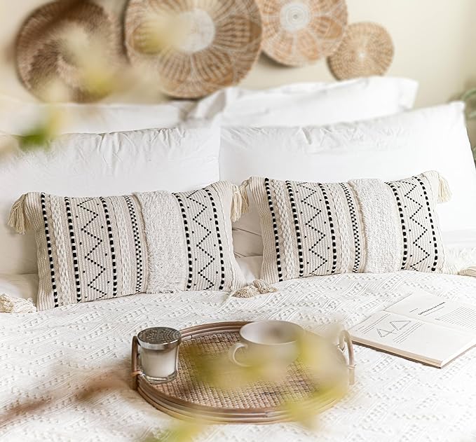 BlissBlush Decorative Lumbar Throw Pillow Cover 12x20 Combo Set of 2 Rectangular Boho Accent Pillowcase Black Neutral Farmhouse Cushion for Couch Sofa Bedroom Living Home Décor Cover ONLY