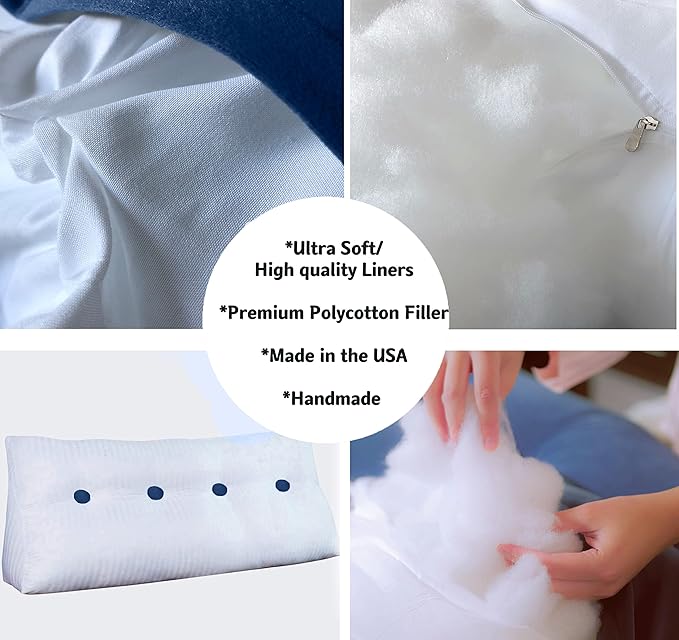 Triangular Reading Bed Rest Pillow Large Bolster Cushion Headboard Backrest Wedge Pillow with Removable Cover and Two Large Side Pockets (Blue, King: 78 x 8 x 20 inches)