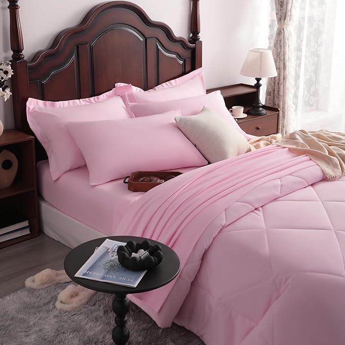 NTBAY King Comforter Set with Sheets, 7 Pieces Soft and Breathable King Bedding Set, Bed in a Bag, Down Alternative Comforter Set Solid Color All Season, King Bedding Set, Pink