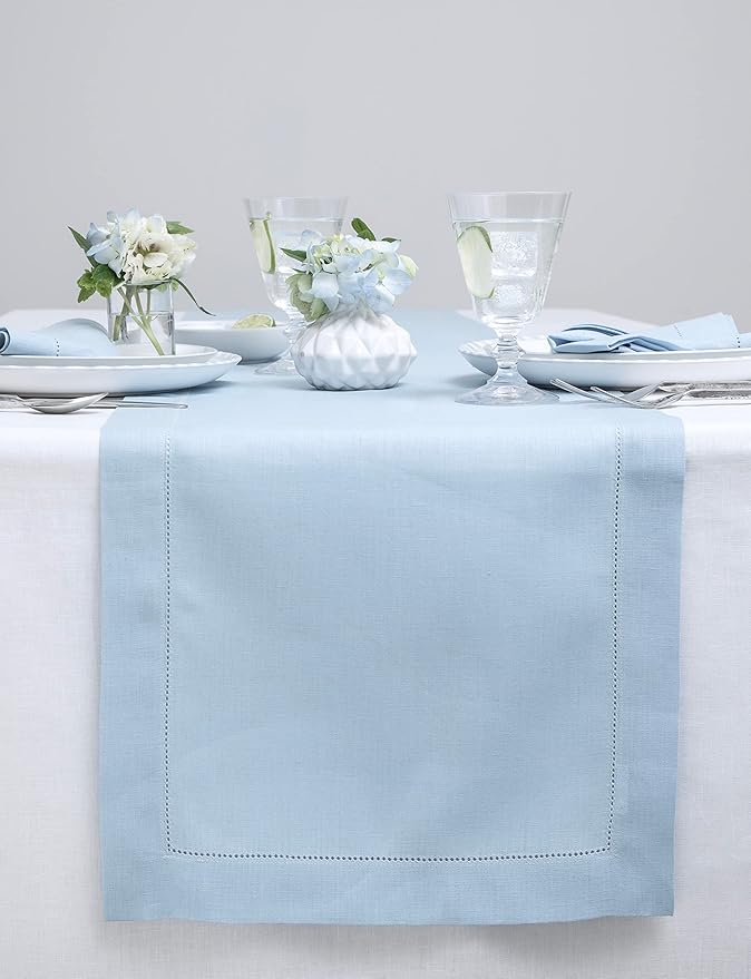 Solino Home Sky Blue Table Runner 90 Inches Long - 100% Pure Linen Hemstitch 14 x 90 Inch Table Runner for Dining, Holiday, Christmas, New Year - Classic Hemstitch
