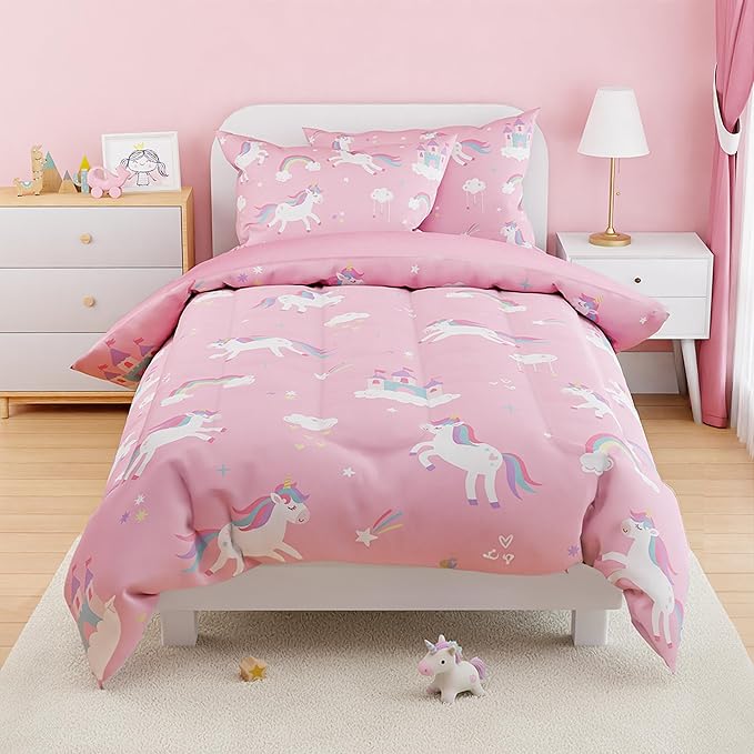 SANDJEST Unicorn Comforter Set Full Size 98x86in for Kids Girls, Microfiber 4 Pcs Bedding Set Includes 1 Comforter, 2 Pillowcases, 1 Fitted Sheet, Nursery Room Decor