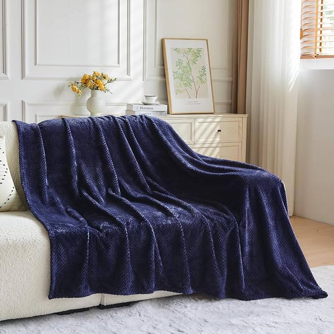NEWCOSPLAY Super Soft Throw Blanket Dark Navy Premium Silky Flannel Fleece Leaves Pattern Lightweight Bed Blanket All Season Use (Dark Navy, Throw(50"x60"))