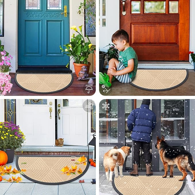 Smiry Half Circle Front Door Mat Outside Entrance, Heavy Duty Sturdy Natural Rubber Doormat, Trap Dirt and Moisture, Low Profile Mats for Indoor Outdoor Entry, Irregular Triangle (36x24, Beige)