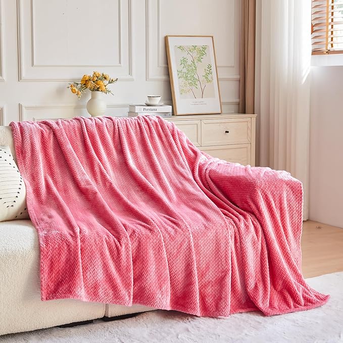 NEWCOSPLAY Super Soft Twin Blanket Coral Pink Premium Silky Flannel Fleece Leaves Pattern Lightweight Bed Blanket All Season Use (Coral Pink, Twin(60"x80"))