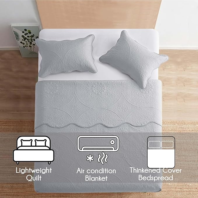 IR Imperial Rooms King Quilt Bedding Set Size (106" x 96") + 2 Pillow Shams (20" x 36"+ 2") - 3 Pcs All Season Lightweight Reversible Microfiber Coverlet Floral Embossed Quilt Bedspread (Silver)