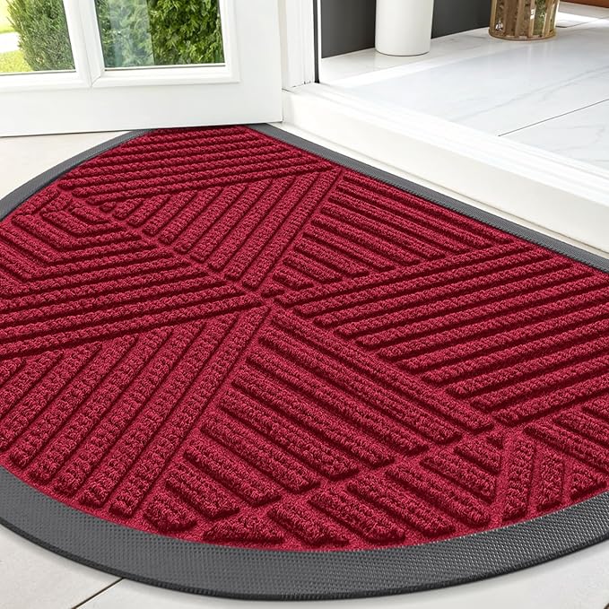 Smiry Half Circle Front Door Mat Outside Entrance, Heavy Duty Sturdy Natural Rubber Doormat, Trap Dirt and Moisture, Low Profile Mats for Indoor Outdoor Entry, Irregular Triangle (47x32, Wine Red)