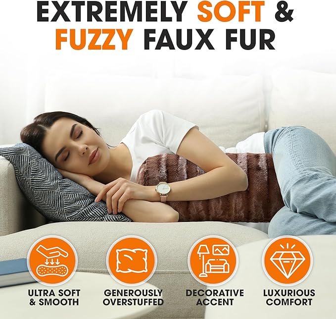 Cheer Collection Faux Fur Bolster Pillows – Soft Decorative Cylinder Pillows for Bed or Couch, Machine Washable – 8” x 24”, Set of 2, Choco