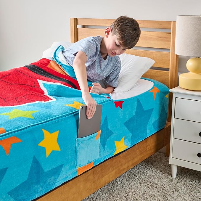 ZippySack Twin Bed Zip-Up Bedding – Super Soft Fleece Fitted Blanket with Side Pocket & Durable Zipper – Easy Bed-Making for Kids (Sesame Street Elmo)