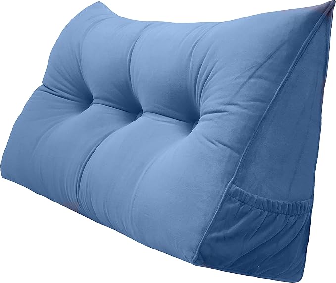 Triangular Reading Bed Rest Pillow Large Bolster Cushion Headboard Backrest Wedge Pillow with Removable Cover and Two Large Side Pockets (Steel Blue, 47 x 8 x 20 inches)