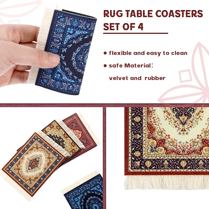 4 Pieces Rug Table Coasters Table Drink Holders Oriental Design Fabric Carpet Drink Mats Oriental Design Fabric Elegant Carpets Kitchen and Bar Mats for Home Office(Square,Classic Pattern)