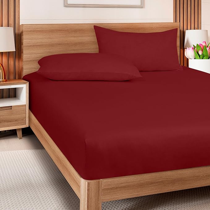 ROYALE LINENS 300 Thread Count 100% Long Staple Combed Cotton Fitted Sheet Twin XL - Super Soft Deep Pocket Bottom Sheet - Fitted Sheets Only - Elastic Sheets (Twin XL, Red)