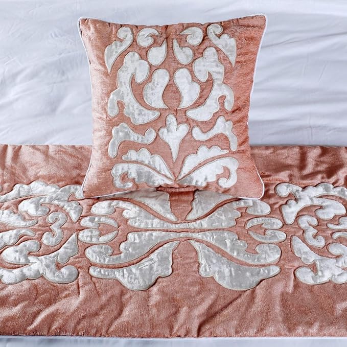 The HomeCentric Decorative Peach & Ivory Twin 53 x 18 inch Bed Runner with Pillow Cover Set, Velvet Applique Bed Scarf, Abstract Modern - Peach Elegance