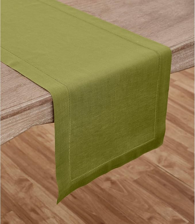 Solino Home Linen Avocado Green Table Runner 72 Inches Long - 100% Pure Linen Hemstitch Table Runner 14 x 72 Inch for Dresser, Dining - Classic Hemstitch